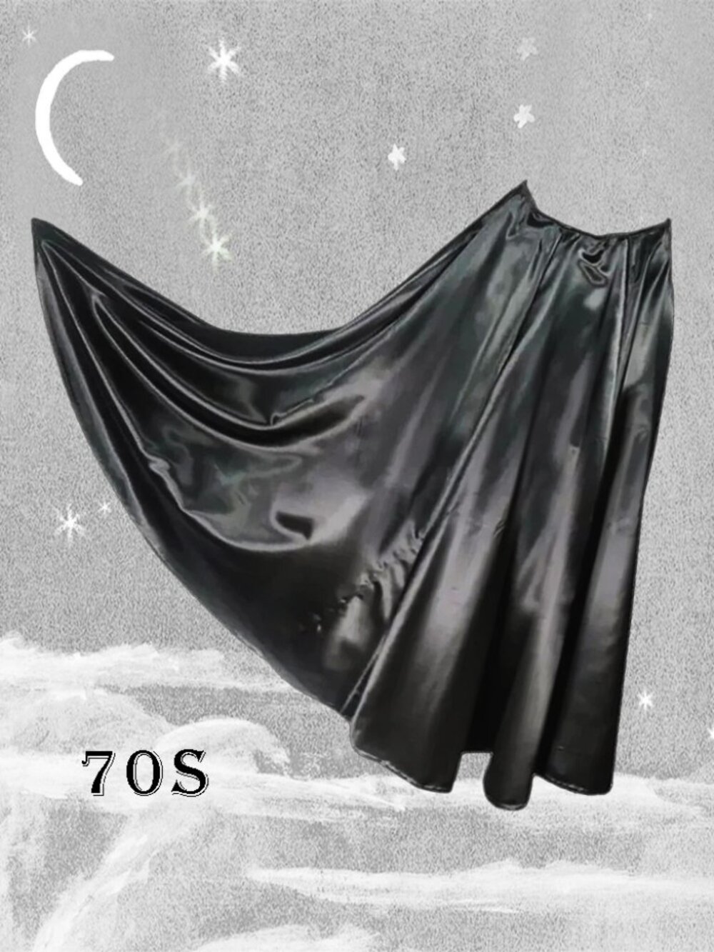 Black Satin Maxi Skirt with Volume/ Sweep 70s Vintage Slipper Satin